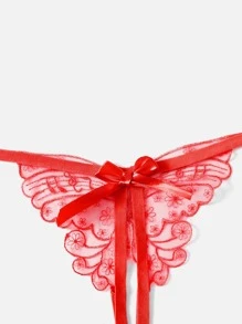 ROMWE Kawaii Butterfly Embroidery Bow Decor Thong Lingerie - Red - View 4