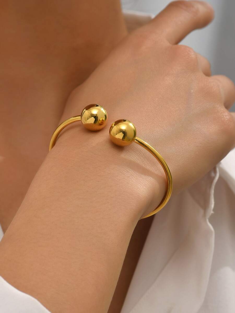 1pc 18K Gold Plated Stainless Steel Double Bead Charm Bracelet, Stylish Everyday & Holiday Gift For Friends