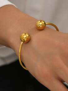 1pc 18K Gold Plated Stainless Steel Double Bead Charm Bracelet, Stylish Everyday & Holiday Gift For Friends