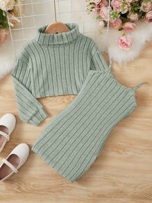 SHEIN Cô Gái Trẻ Áo cao cổ Áo thun Thả vai & Váy Dây - Màu xanh Bạc hà - Xem 1