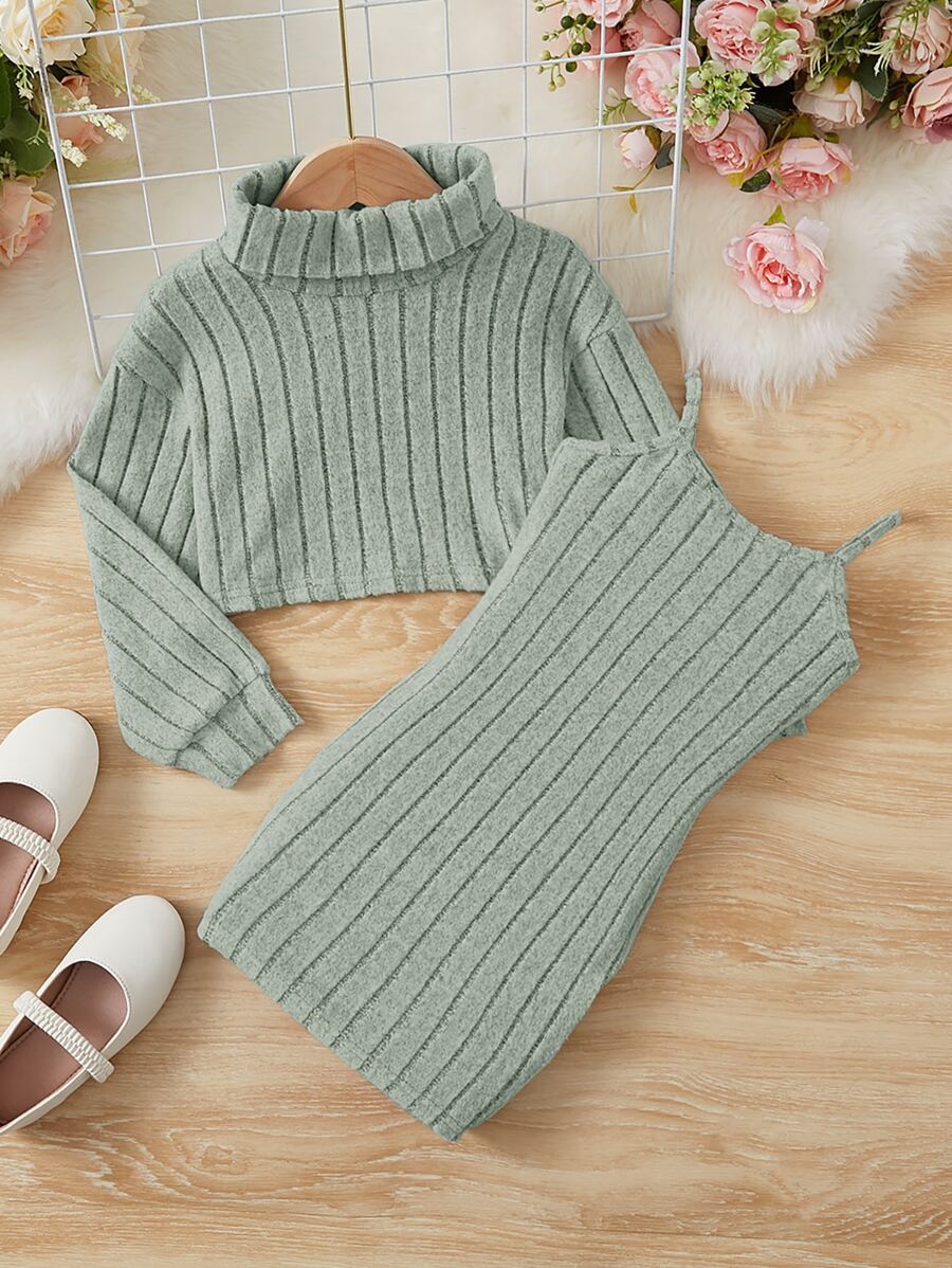 SHEIN Cô Gái Trẻ Áo cao cổ Áo thun Thả vai & Váy Dây - Màu xanh Bạc hà - Xem 1