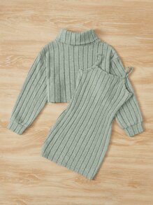 SHEIN Cô Gái Trẻ Áo cao cổ Áo thun Thả vai & Váy Dây - Màu xanh Bạc hà - Xem 2