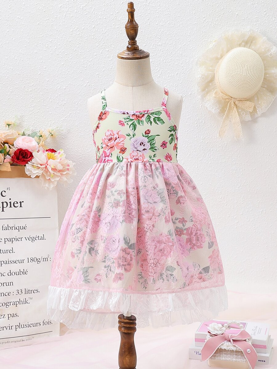 Toddler Girls Floral Print Contrast Lace Ruffle Hem Cami Dress - Multicolor - View 1