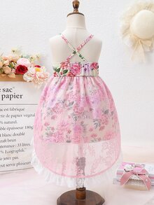 Toddler Girls Floral Print Contrast Lace Ruffle Hem Cami Dress - Multicolor - View 2