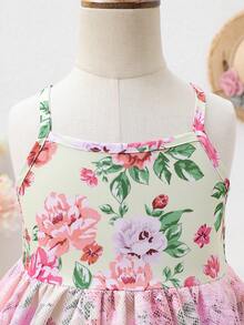 Toddler Girls Floral Print Contrast Lace Ruffle Hem Cami Dress - Multicolor - View 3