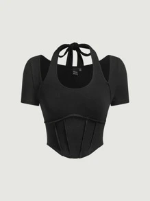 SHEIN MOD Áo thun nữ Bất đối xứng Buộc lại Gân đan màu trơn Giải trí - màu đen - Xem 1