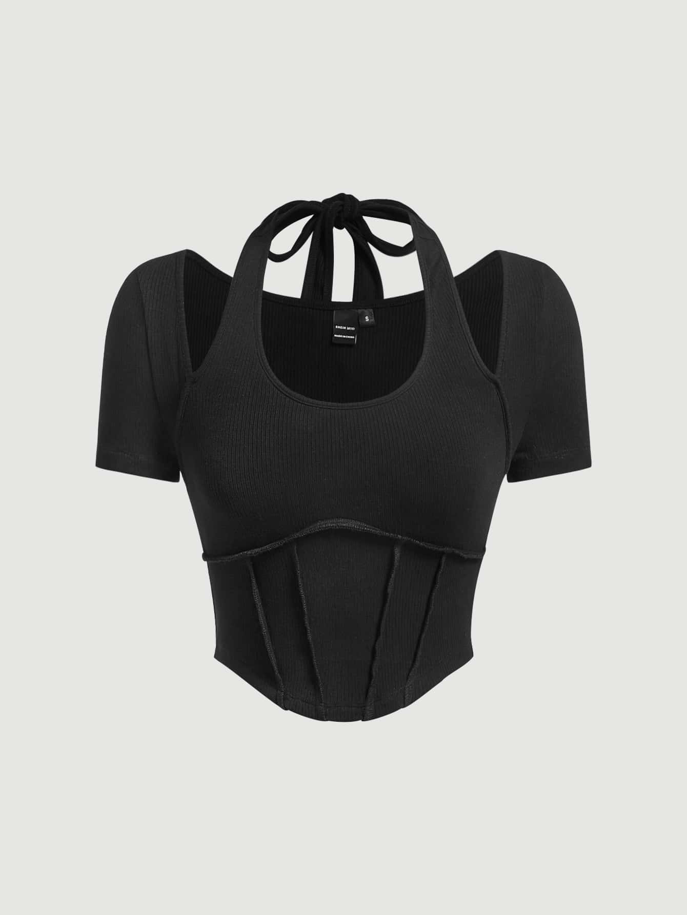 SHEIN MOD Áo thun nữ Bất đối xứng Buộc lại Gân đan màu trơn Giải trí - màu đen - Xem 1