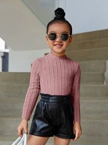 SHEIN Young Girl Solid Color Long Sleeve Mock Neck T-Shirt - Dusty Pink - View 1