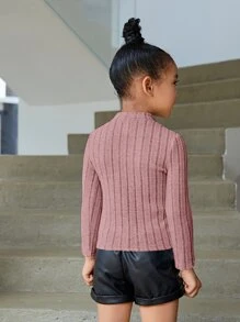 SHEIN Young Girl Solid Color Long Sleeve Mock Neck T-Shirt - Dusty Pink - View 2
