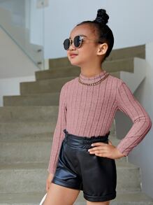 SHEIN Young Girl Solid Color Long Sleeve Mock Neck T-Shirt - Dusty Pink - View 3
