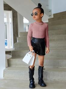 SHEIN Young Girl Solid Color Long Sleeve Mock Neck T-Shirt - Dusty Pink - View 4