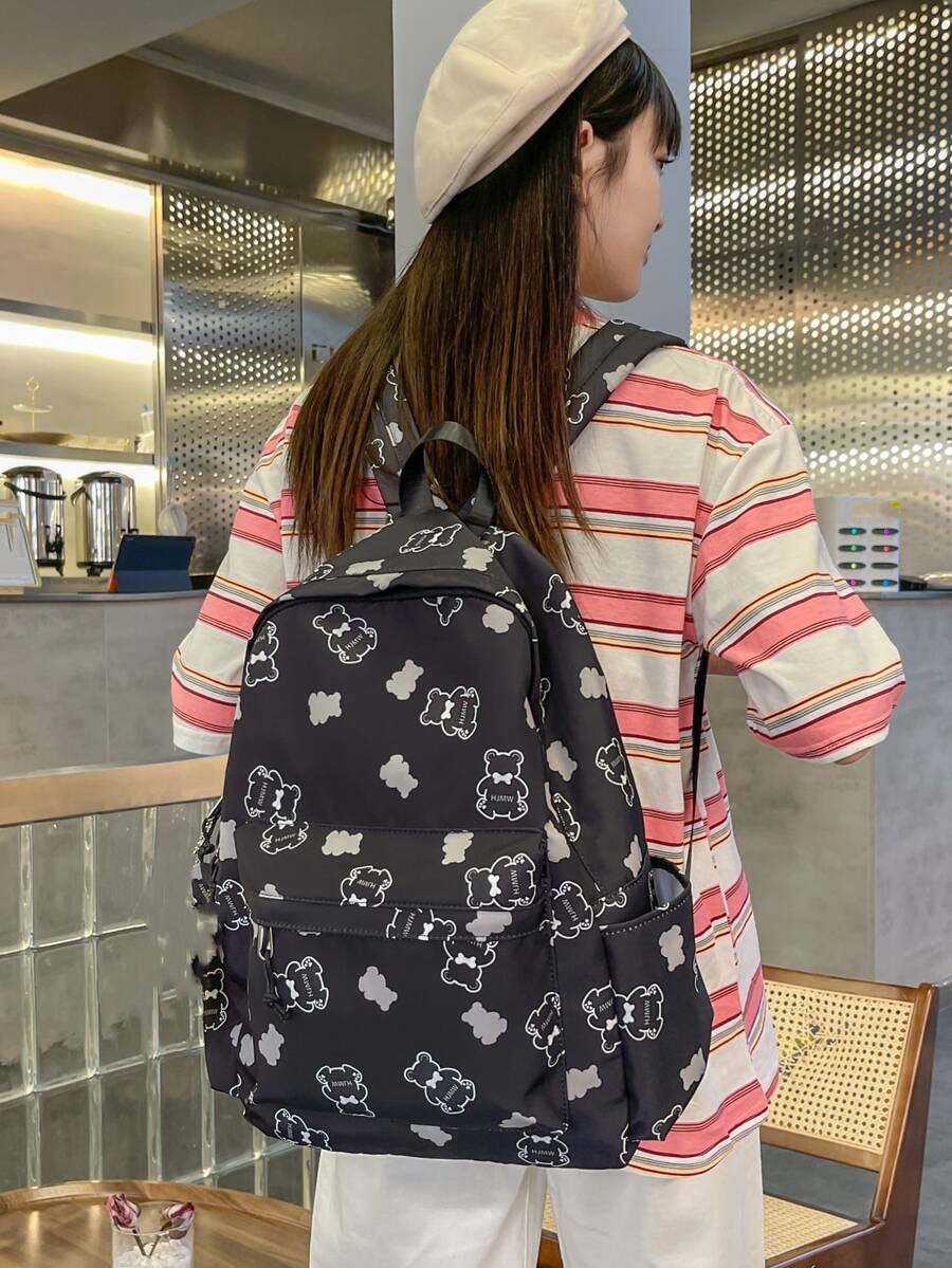 HJMW 卡通圖案功能背包書包適合畢業生、青少年女孩、新生、大二、初中和高中大學生、大學和高中，非常適合戶外、旅行和返校 - 黑色 - 查看 1