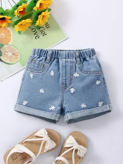 SHEIN Vintaside Kids Baby Girl Floral Embroidery Roll Up Hem Denim Shorts