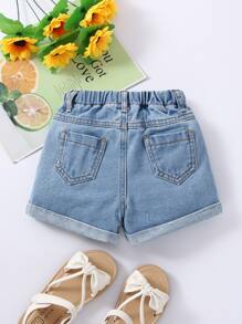 SHEIN Vintaside Kids Baby Girl Floral Embroidery Roll Up Hem Denim Shorts