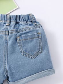 SHEIN Vintaside Kids Baby Girl Floral Embroidery Roll Up Hem Denim Shorts