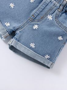 SHEIN Vintaside Kids Baby Girl Floral Embroidery Roll Up Hem Denim Shorts