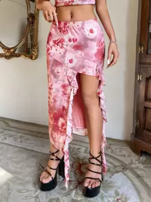 SHEIN ICON Falda con estampado floral ribete con fruncido bajo asimétrico - Rosa - Ver 5