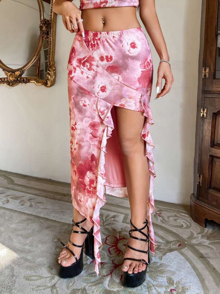 Floral Print Ruffle Trim Asymmetrical Hem Skirt