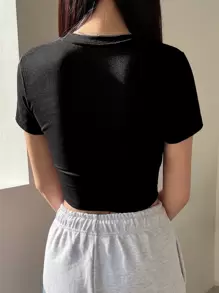 DAZY Cat & Letter Graphic Crop Tee - Black - View 2