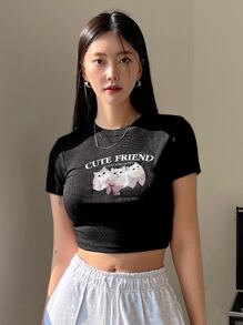 DAZY Cat & Letter Graphic Crop Tee - Black - View 3