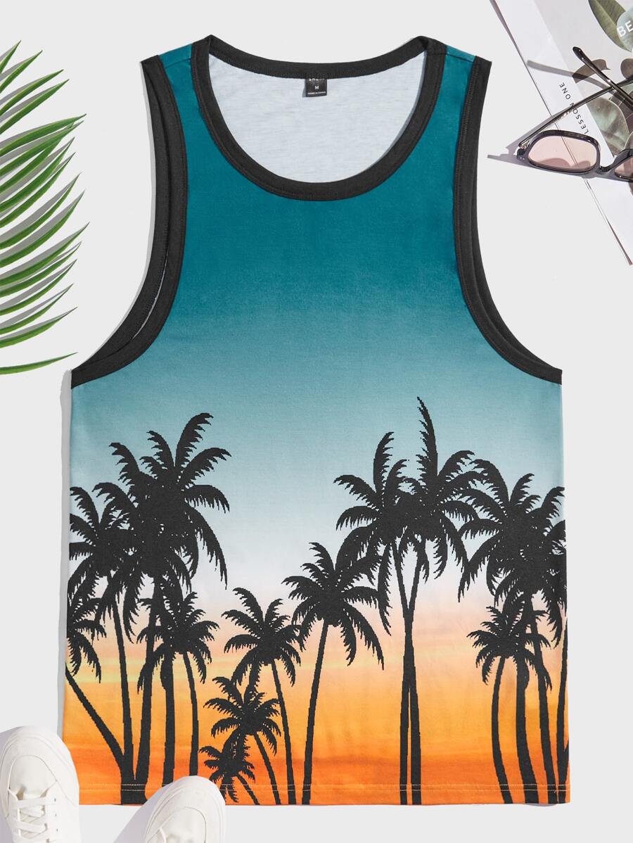 GENTILAND Men Tropical Print Contrast Binding Tank Top - Multicolor - View 1