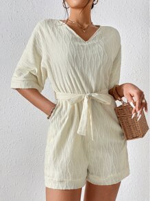 SHEIN Essnce Batwing Sleeve Belted Romper - Apricot - View 1