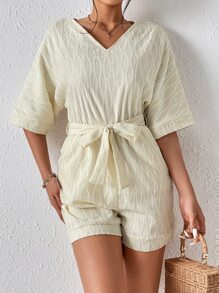 SHEIN Essnce Batwing Sleeve Belted Romper - Apricot - View 4