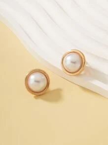 人造珍珠裝飾夾式耳環 - 金黃色 - 查看 3