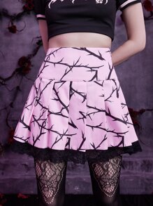 ROMWE Goth Graphic Contrast Lace Pleated Skirt - Pink - View 1