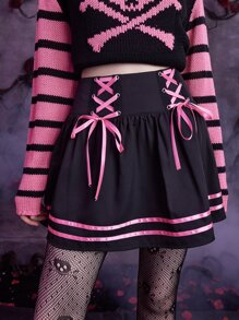 ROMWE Goth Striped Lace Up Skirt - Black - View 5