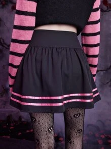 ROMWE Goth Striped Lace Up Skirt - Black - View 6