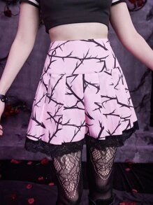 ROMWE Goth Graphic Contrast Lace Pleated Skirt - Pink - View 4