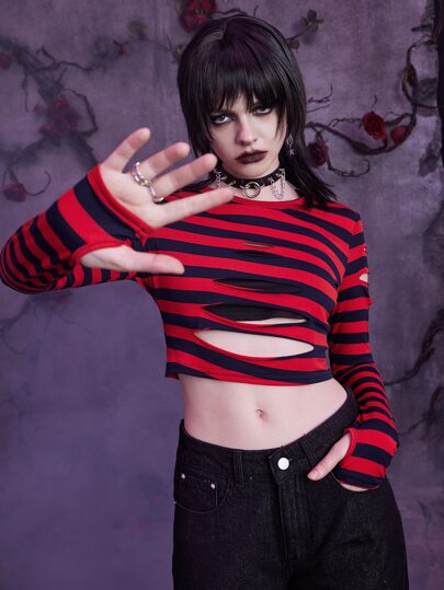 Goth Crop T-Shirt mit Streifen, Ausschnitt,