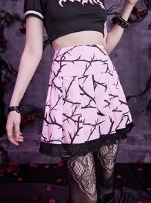 ROMWE Goth Graphic Contrast Lace Pleated Skirt - Pink - View 5