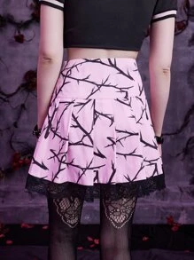 ROMWE Goth Graphic Contrast Lace Pleated Skirt - Pink - View 6