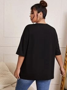 CovetEZ Plus Slogan Embroidery Drop Shoulder Tee ALL ROADS LEAD TO ROME - Black - View 2