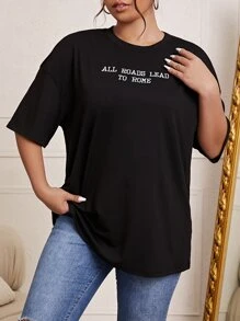 CovetEZ Plus Slogan Embroidery Drop Shoulder Tee ALL ROADS LEAD TO ROME - Black - View 3