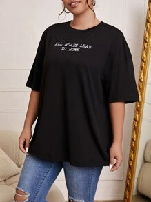 CovetEZ Plus Slogan Embroidery Drop Shoulder Tee ALL ROADS LEAD TO ROME - Black - View 5