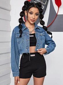 Flap Pocket Raw Hem Crop Denim Jacket - Medium Wash - View 5