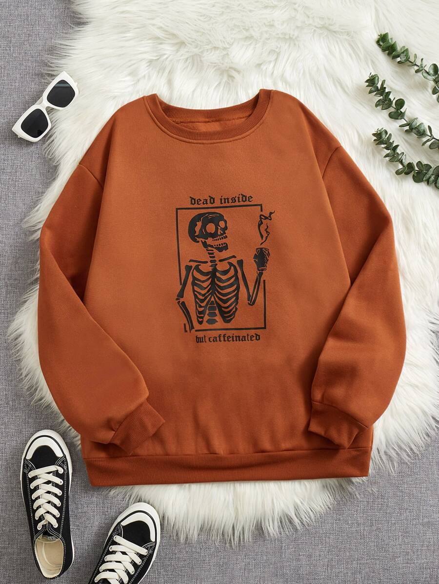 SHEIN EZwear Plus Slogan & Skeleton Print Thermal Pullover - Burnt Orange - View 1