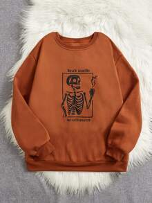 SHEIN EZwear Plus Slogan & Skeleton Print Thermal Pullover - Burnt Orange - View 3