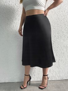 SHEIN Privé 大碼高腰素色半身裙 - 黑色 - 查看 5