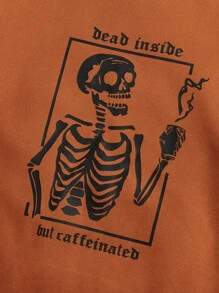 SHEIN EZwear Plus Slogan & Skeleton Print Thermal Pullover - Burnt Orange - View 5