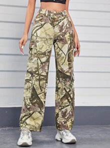 Allover Print Flap Pocket Cargo Jeans - Green - View 4