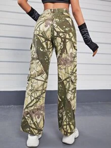 Allover Print Flap Pocket Cargo Jeans - Green - View 3