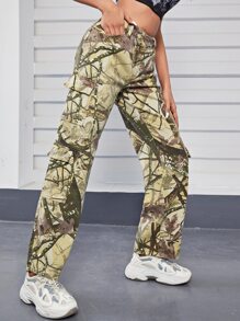 Allover Print Flap Pocket Cargo Jeans - Green - View 1