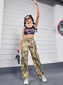 Allover Print Flap Pocket Cargo Jeans - Green - View 2