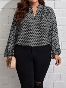 SHEIN Clasi Plus Allover Print Notched Neckline Lantern Sleeve Blouse - Black - View 1