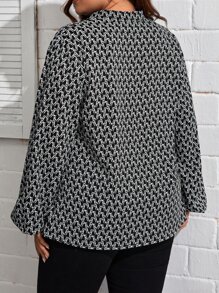 SHEIN Clasi Plus Allover Print Notched Neckline Lantern Sleeve Blouse - Black - View 2