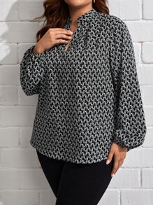 SHEIN Clasi Plus Allover Print Notched Neckline Lantern Sleeve Blouse - Black - View 3